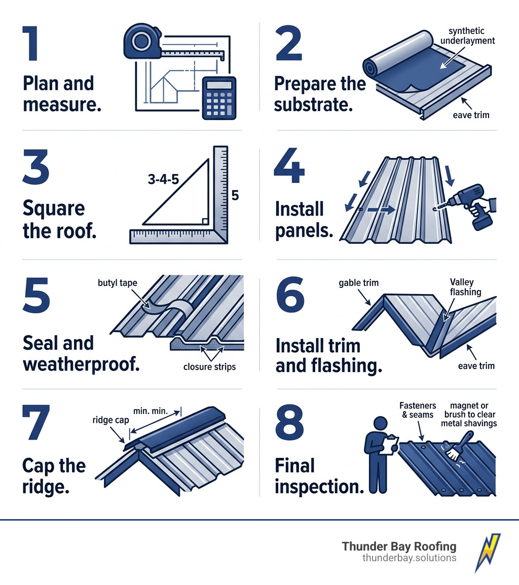 8-step corrugated metal roofing installation workflow infographic from planning to final inspection - corrugated metal