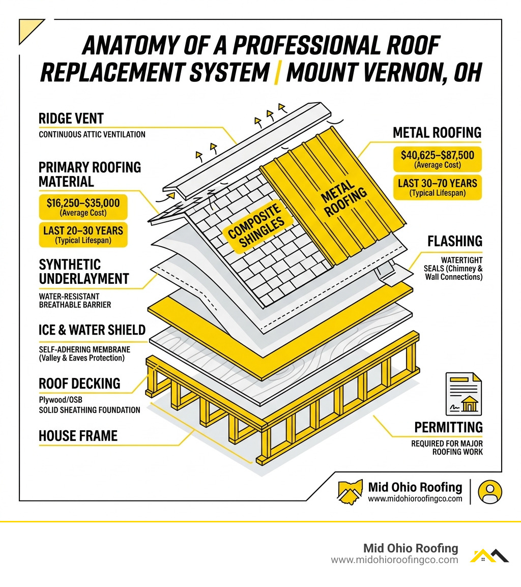 Infographic showing layers of a professional roof replacement system with costs and material lifespans - Mount Vernon roof