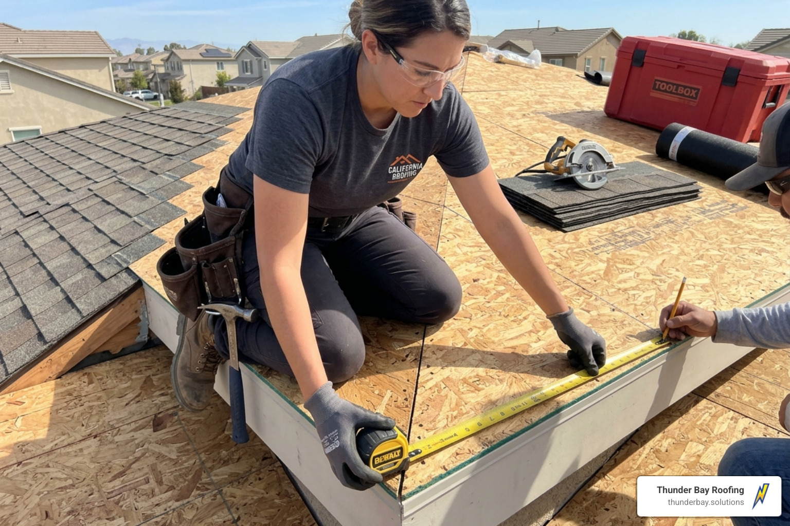 Roofer using the 3-4-5 triangle method to square the roof deck - corrugated metal roofing installation