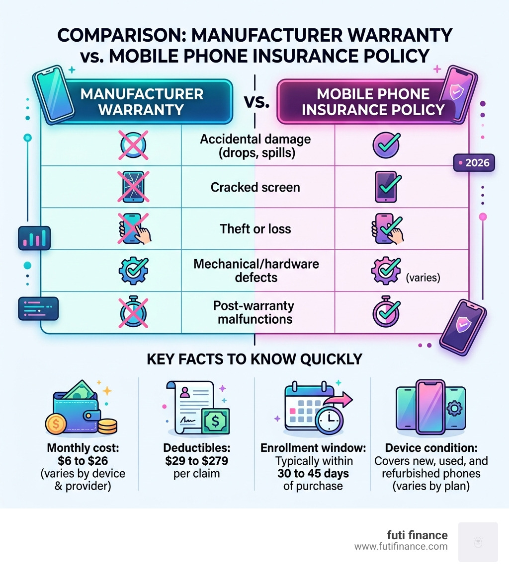 Manufacturer warranty vs mobile phone insurance policy comparison infographic - insurance policy for mobile phones