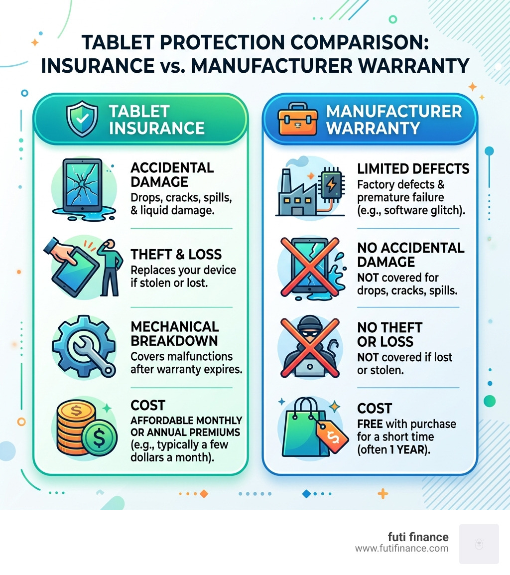 Infographic comparing tablet insurance vs manufacturer warranty coverage types and costs - affordable tablet insurance