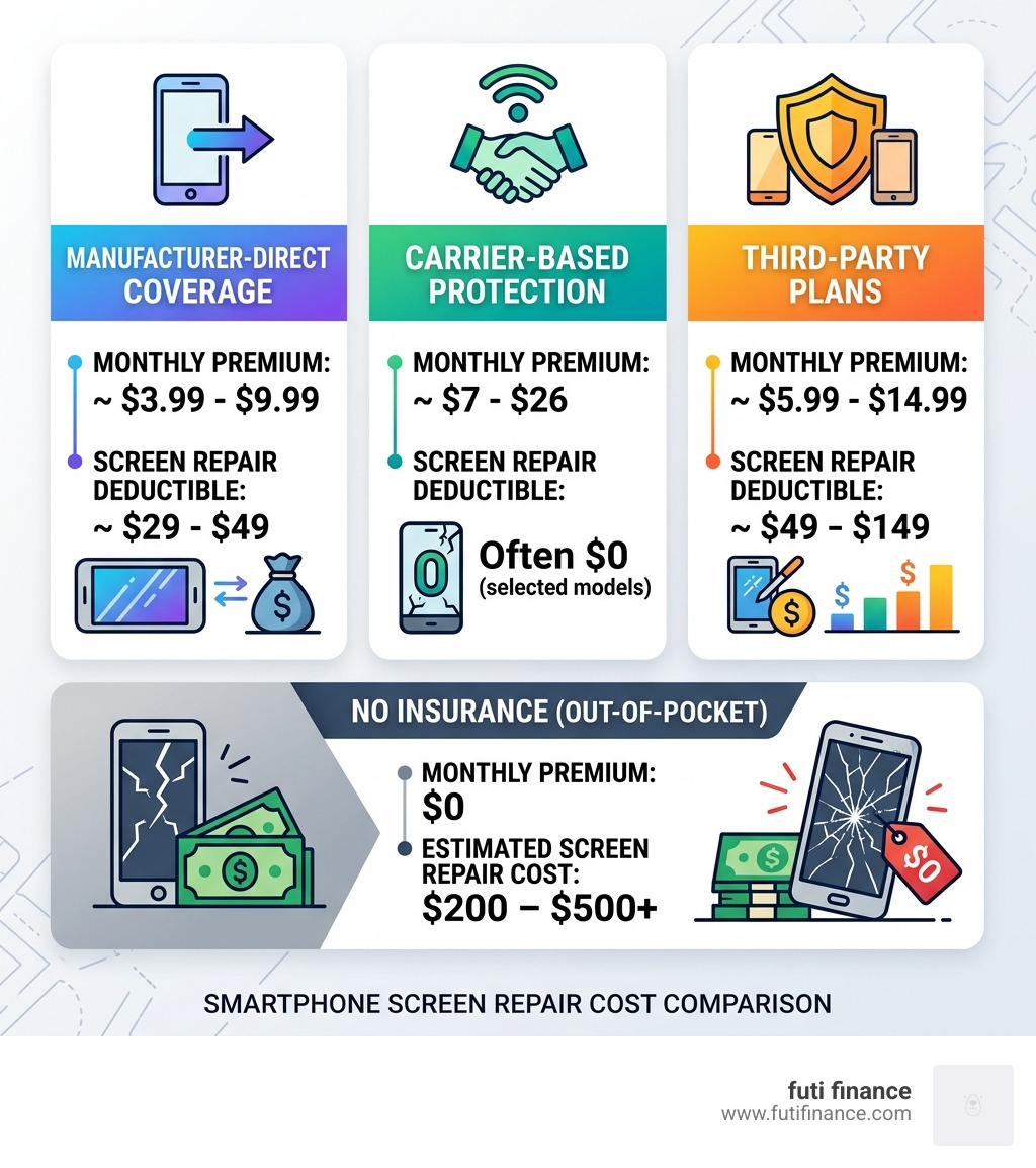 Table comparing monthly premiums and screen repair deductibles across different insurance structures - iphone screen crack