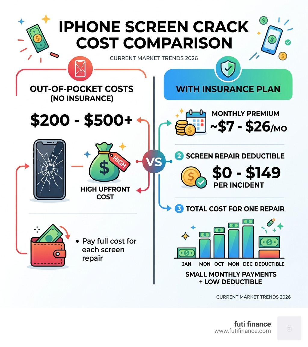 Comparison infographic: out-of-pocket iPhone screen repair costs vs. monthly insurance premiums and deductibles - iphone