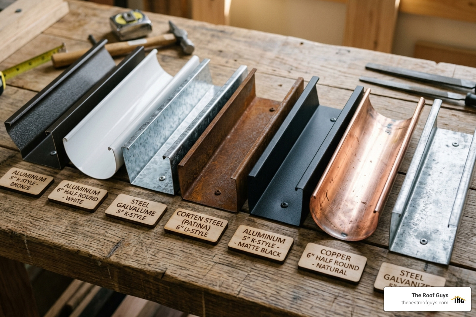 A variety of gutter material samples including aluminum, steel, and copper - seamless gutter installation Conroe