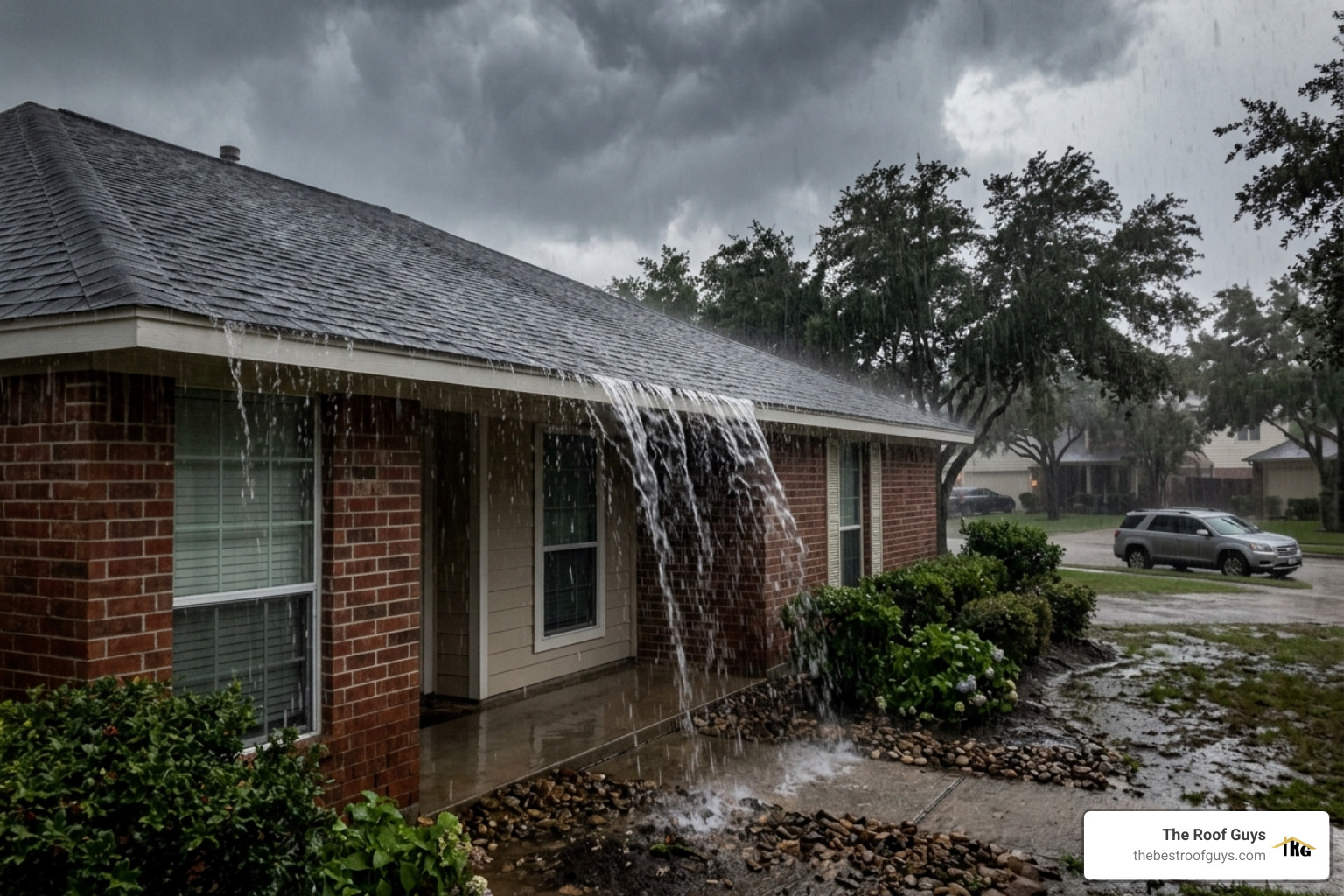Heavy rain in Texas hitting a residential roof without proper drainage - seamless gutter installation Conroe