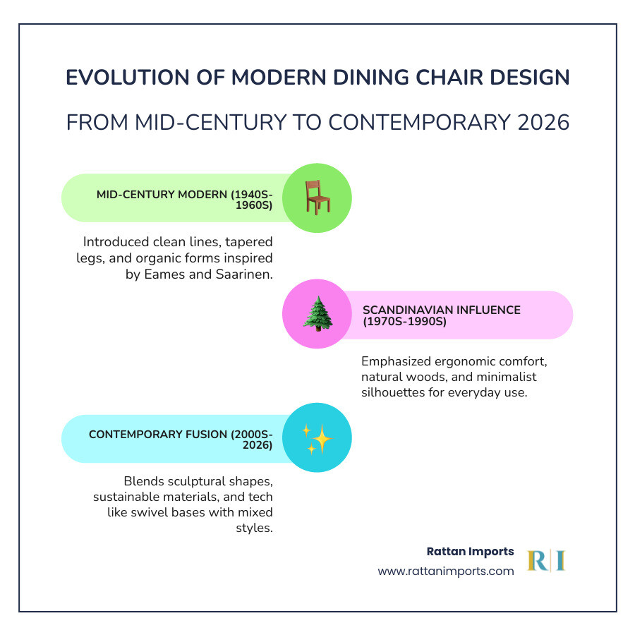 Evolution of modern dining chair design from mid-century to contemporary 2026 - dining room chairs modern infographic