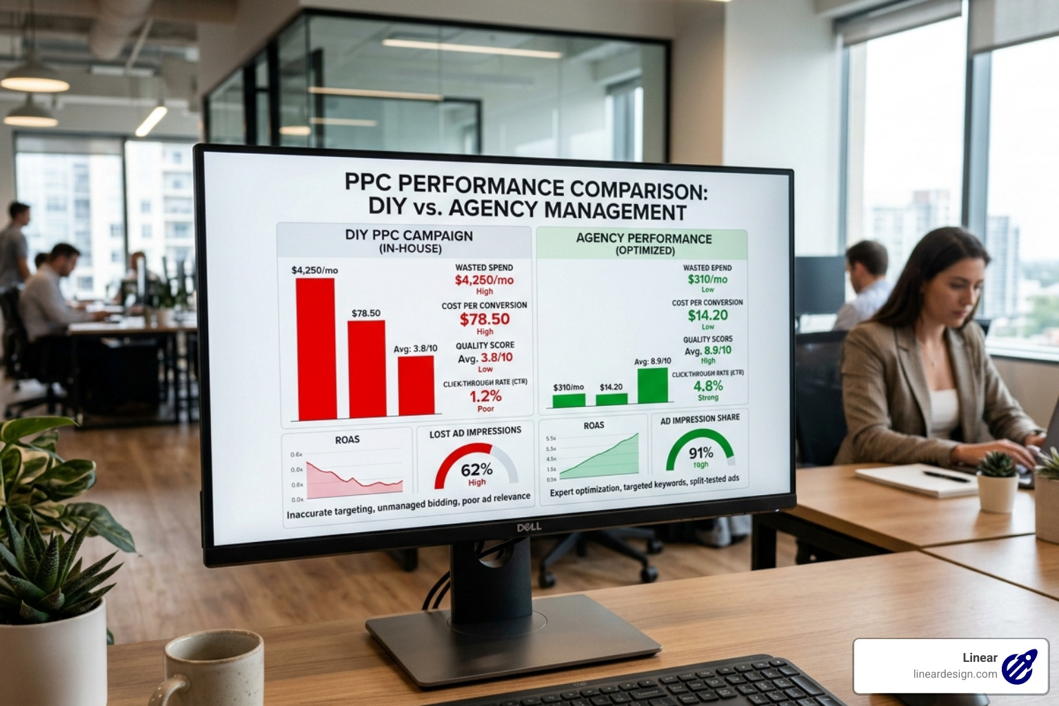 Comparison of DIY campaign results with high wasted spend vs professional agency performance with optimized CPA and higher
