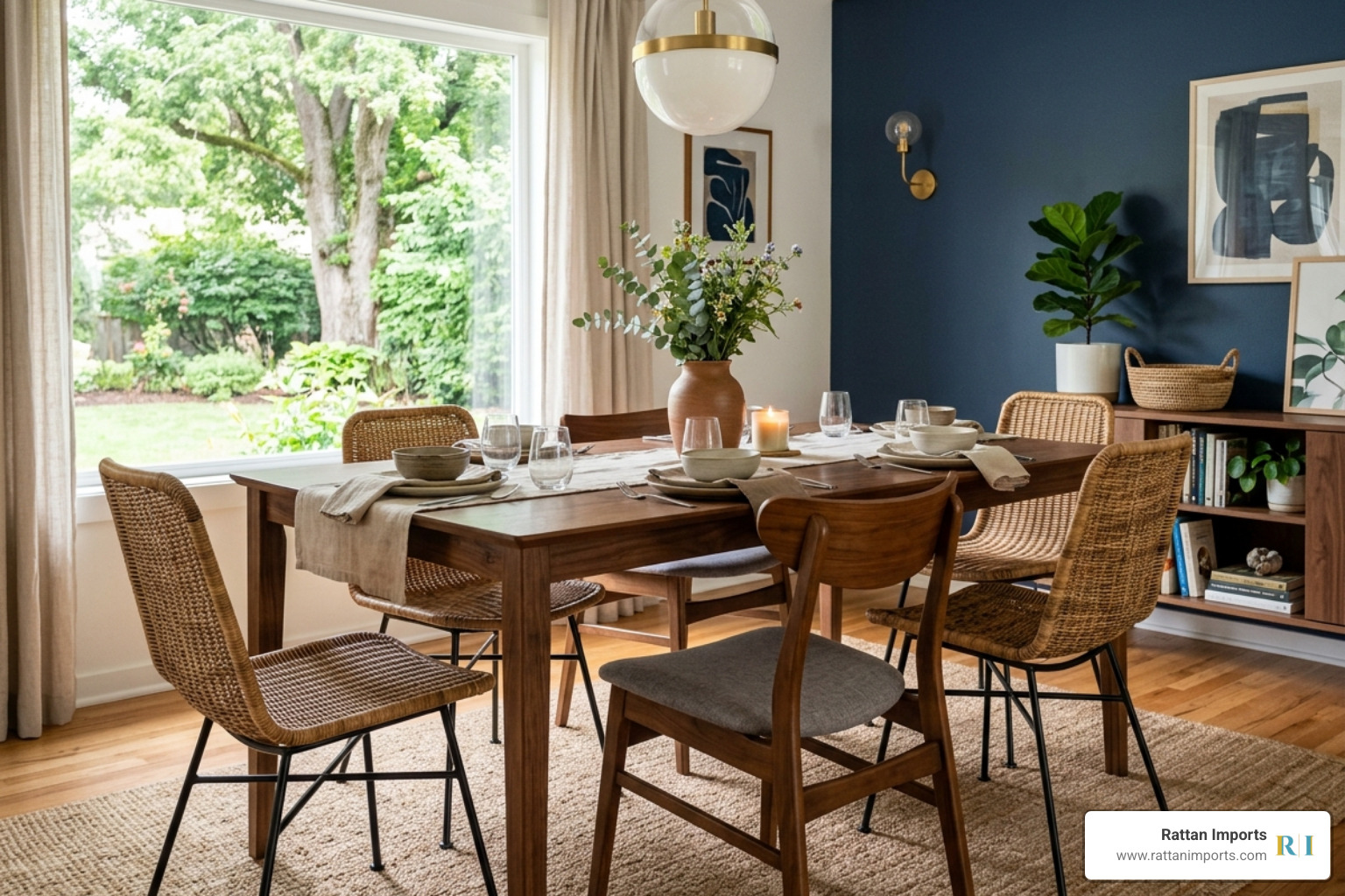 Modern dining room with a mix of chair styles including mid-century modern and rattan - dining room chairs modern