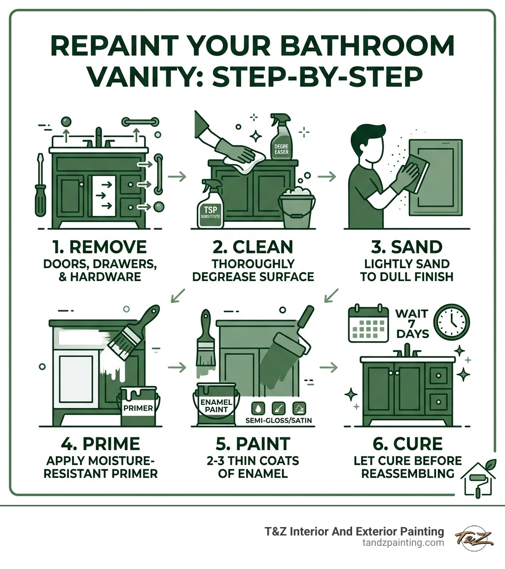 Step-by-step infographic showing how to repaint a bathroom vanity from prep to cure - repaint bathroom vanity infographic 