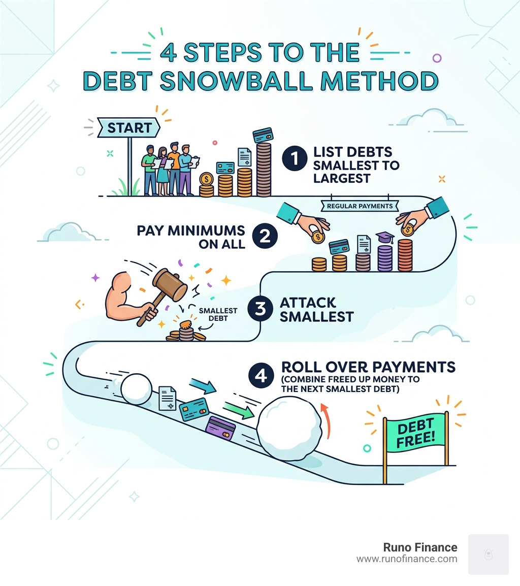Debt snowball method steps: list debts smallest to largest, pay minimums on all, attack smallest, roll over payments - debt