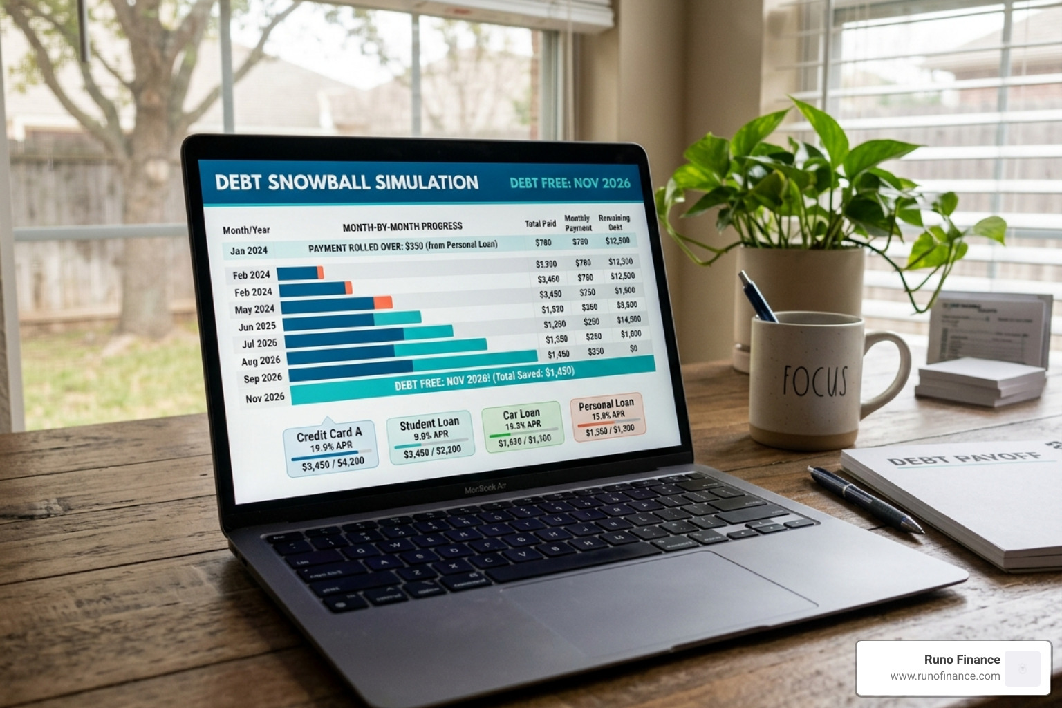 digital debt payoff interface showing a month-by-month simulation - debt snowball method calculator