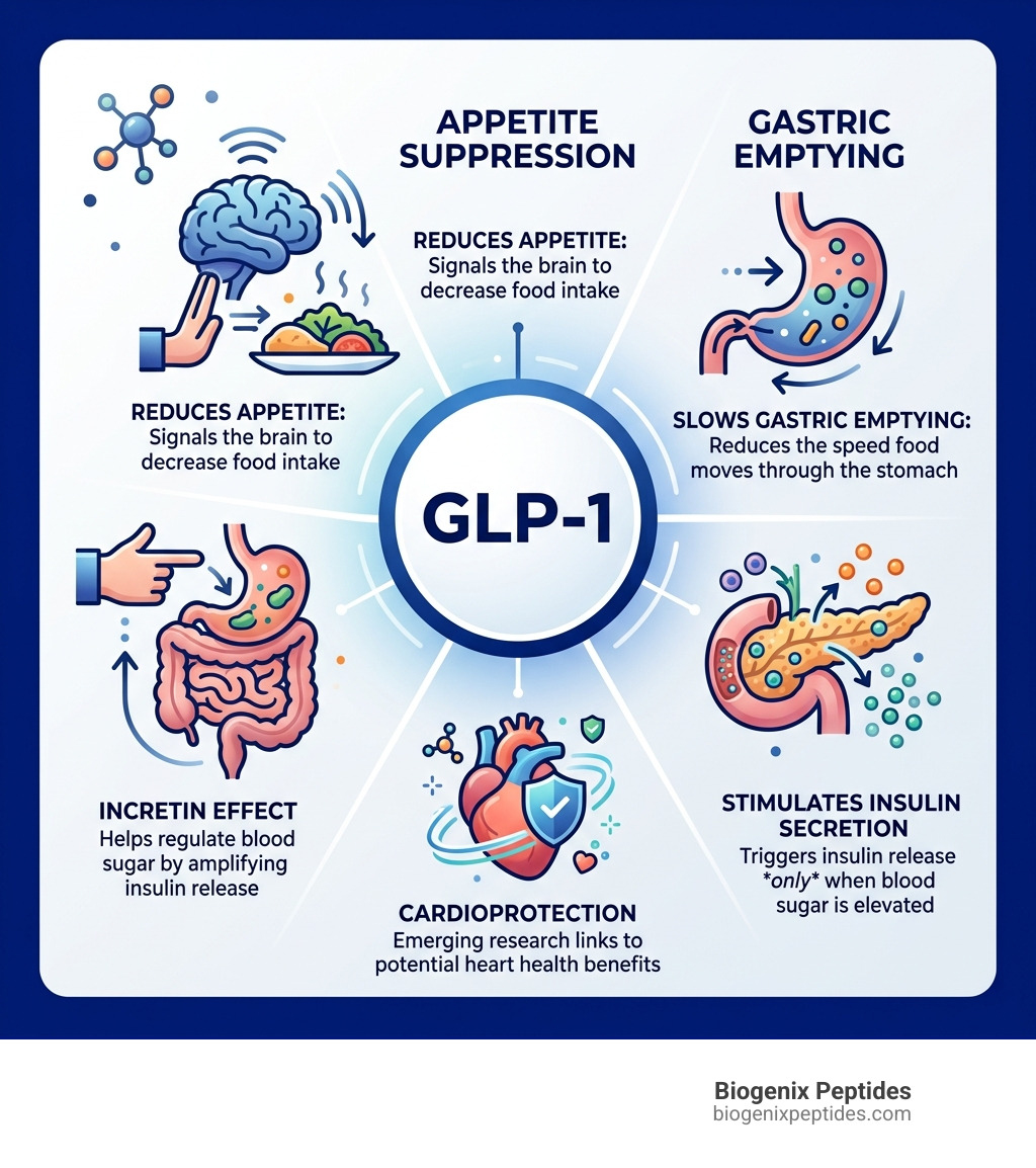 GLP-1 key functions infographic: incretin effect, appetite suppression, gastric emptying, insulin secretion