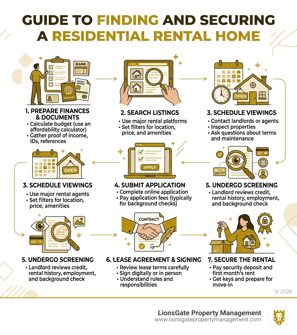 Step-by-step infographic: how to find and secure a residential rental home - residential property rentals infographic Step-by-step infographic: how to find and secure a residential rental home - residential property rentals infographic