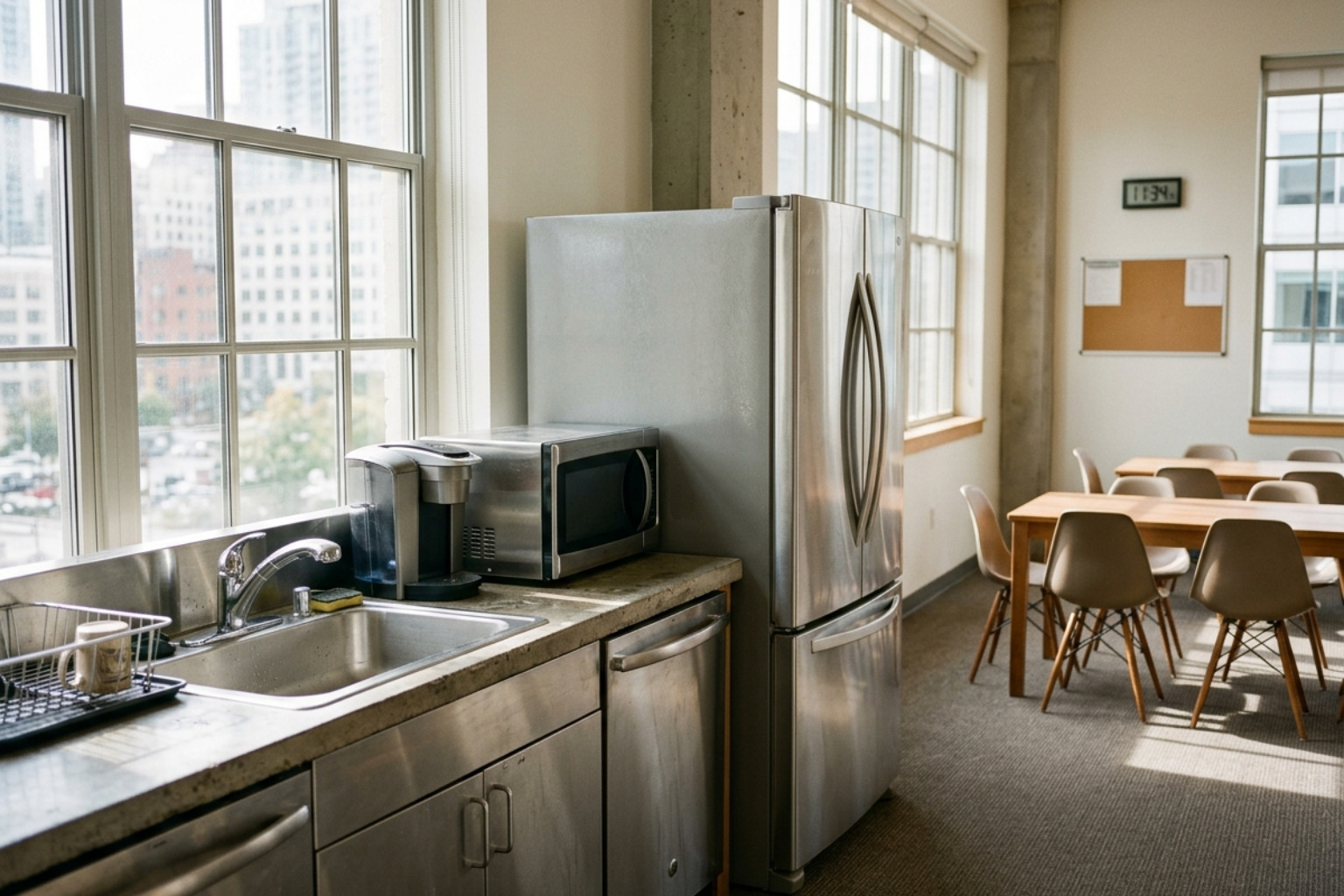 sanitized commercial breakroom with stainless steel appliances - Breakroom surface disinfection solutions