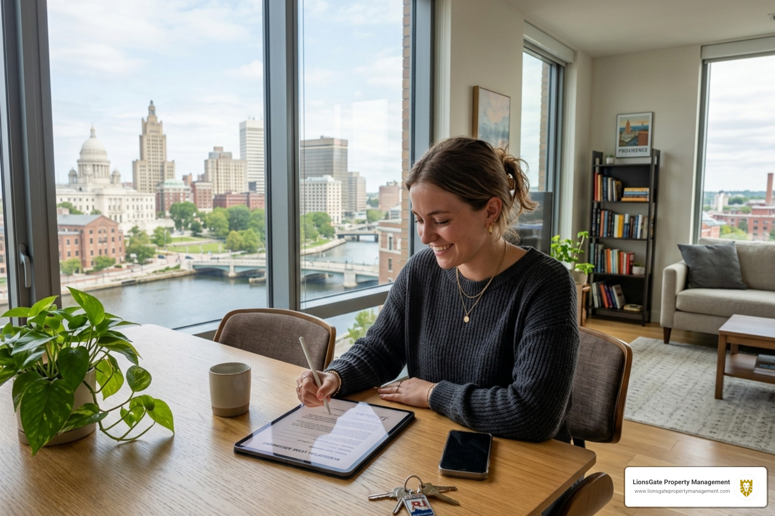 A renter signing a digital lease for a Rhode Island apartment - apartment rental guarantee ri A renter signing a digital lease for a Rhode Island apartment - apartment rental guarantee ri