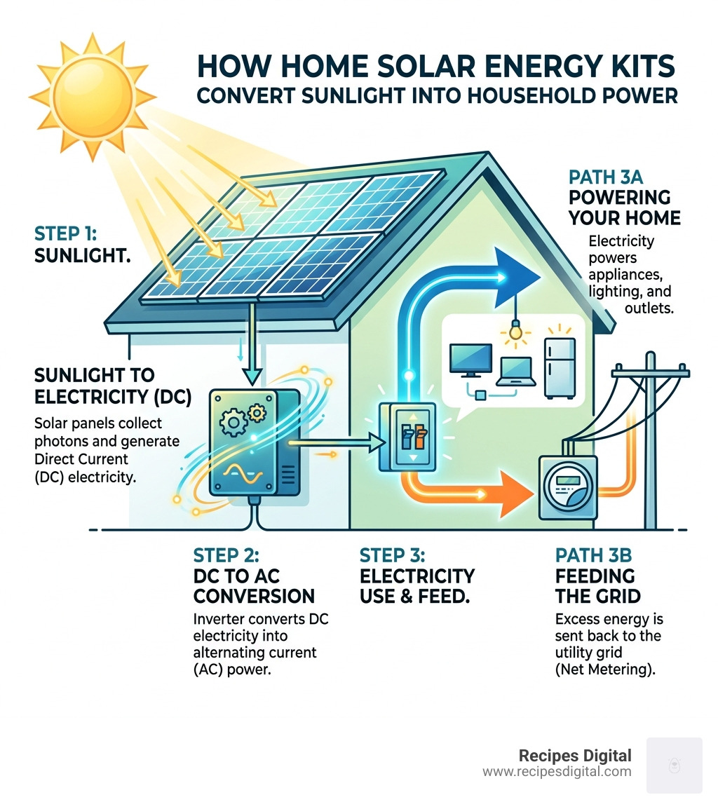 How home solar energy kits convert sunlight into household power infographic - home solar energy kits infographic 