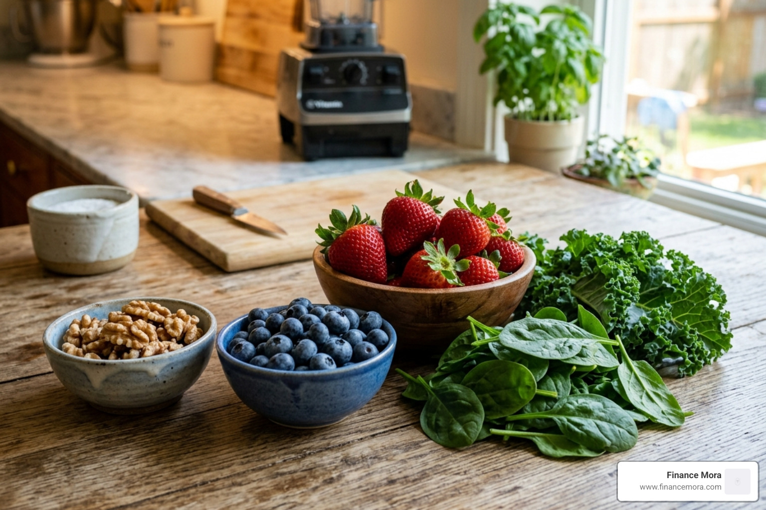 Heart-healthy smoothie ingredients including walnuts, berries, and leafy greens - green smoothie for high cholesterol