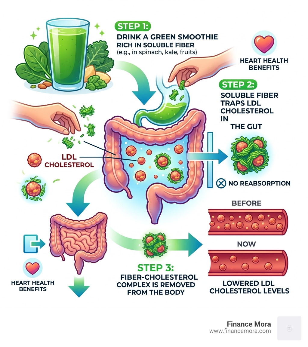 Infographic showing how soluble fiber in green smoothies traps and removes LDL cholesterol from the body - green smoothie