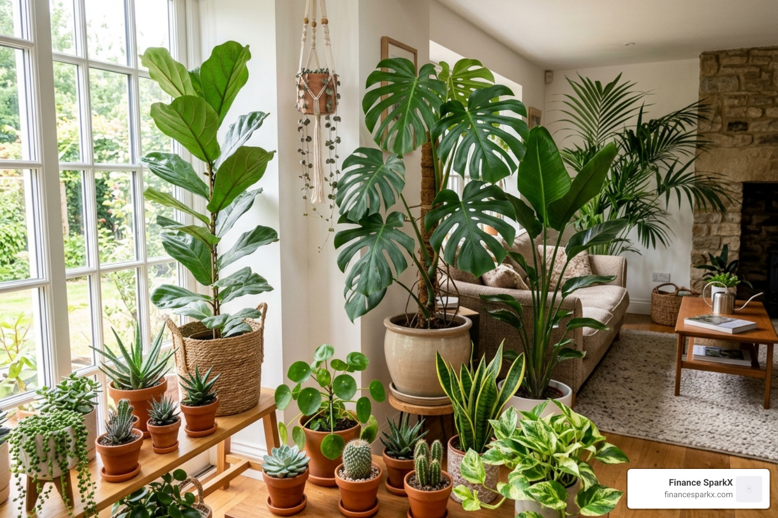 various plant sizes from small succulents to large trees - indoor plants