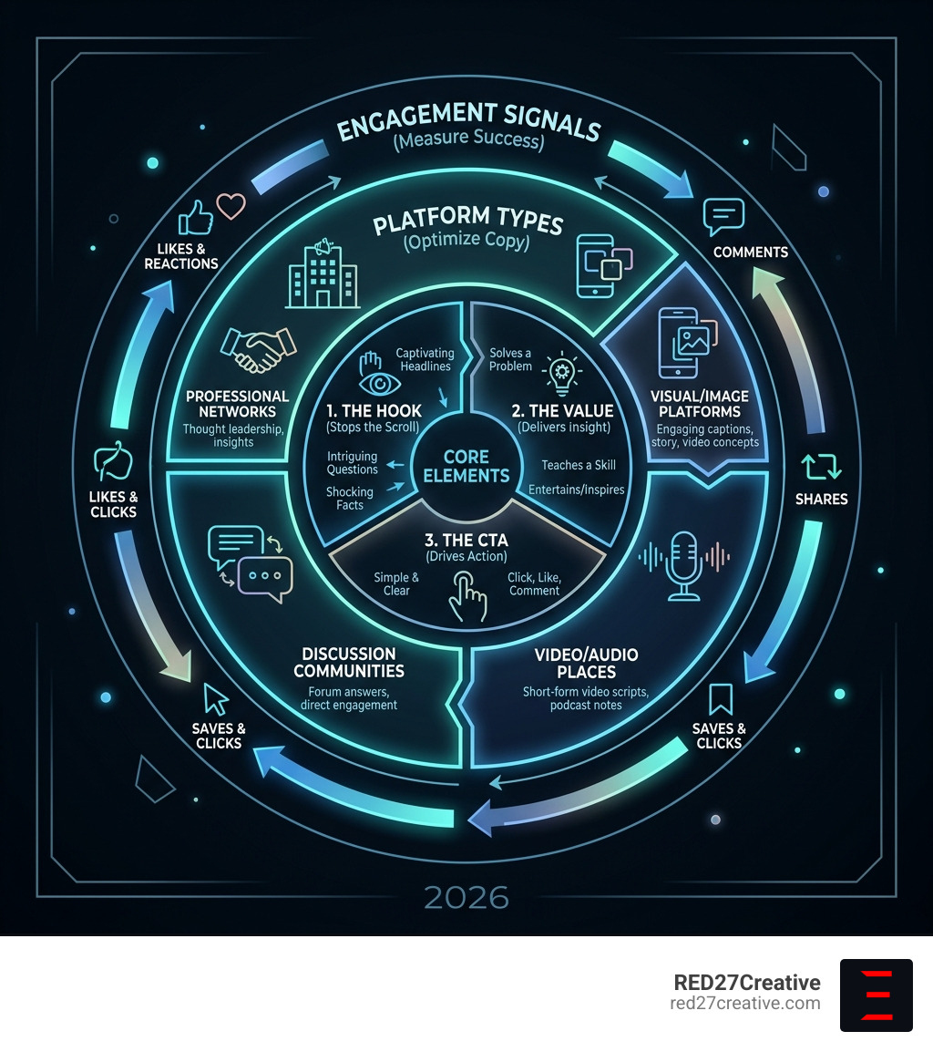 Social media content writing framework showing hook, value, CTA, platform types, and engagement signals - social media Social media content writing framework showing hook, value, CTA, platform types, and engagement signals - social media