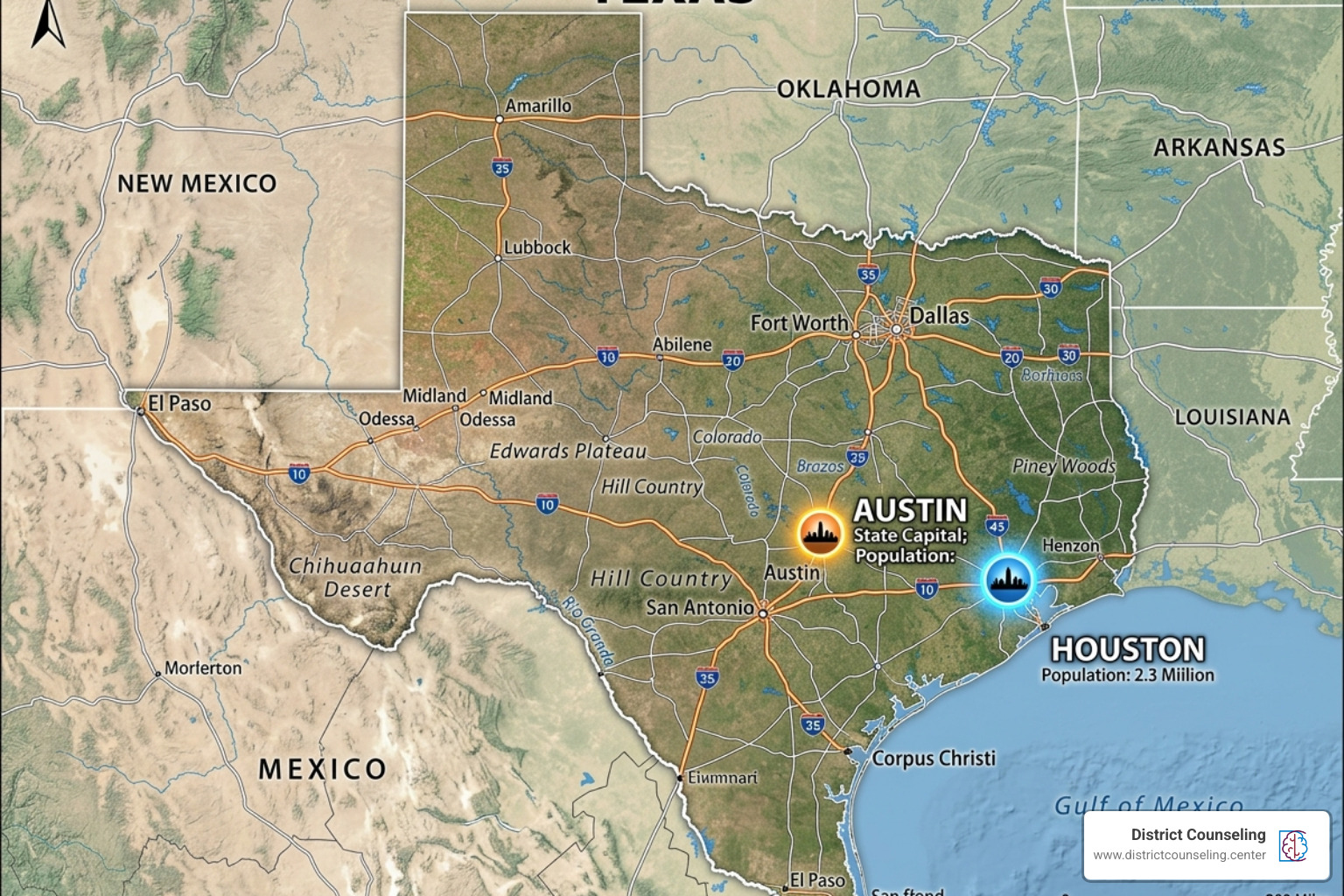Map of Texas highlighting major cities like Houston and Austin - adhd testing cost