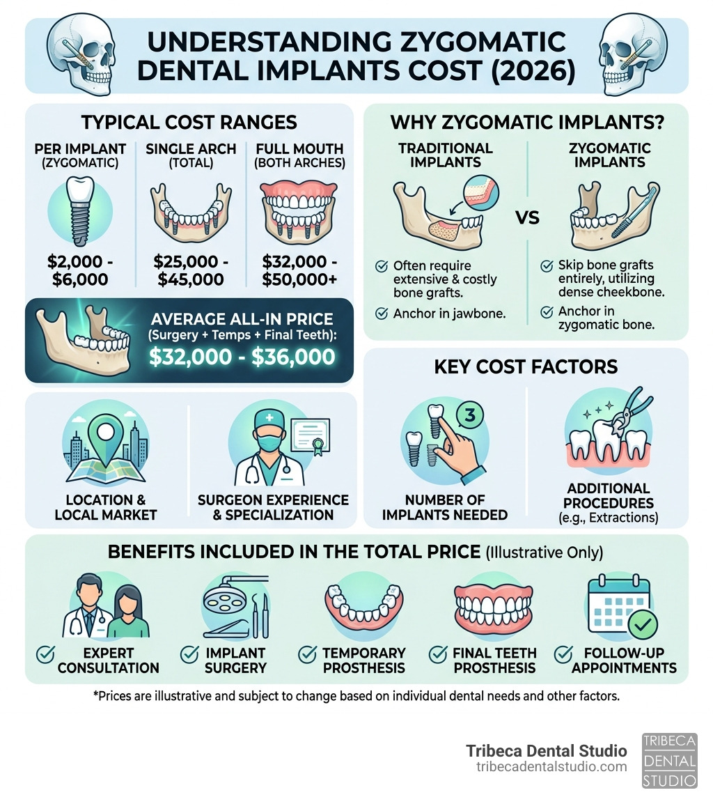 Infographic showing zygomatic implant cost ranges per implant, per arch, and full mouth with key cost factors - zygomatic Infographic showing zygomatic implant cost ranges per implant, per arch, and full mouth with key cost factors - zygomatic