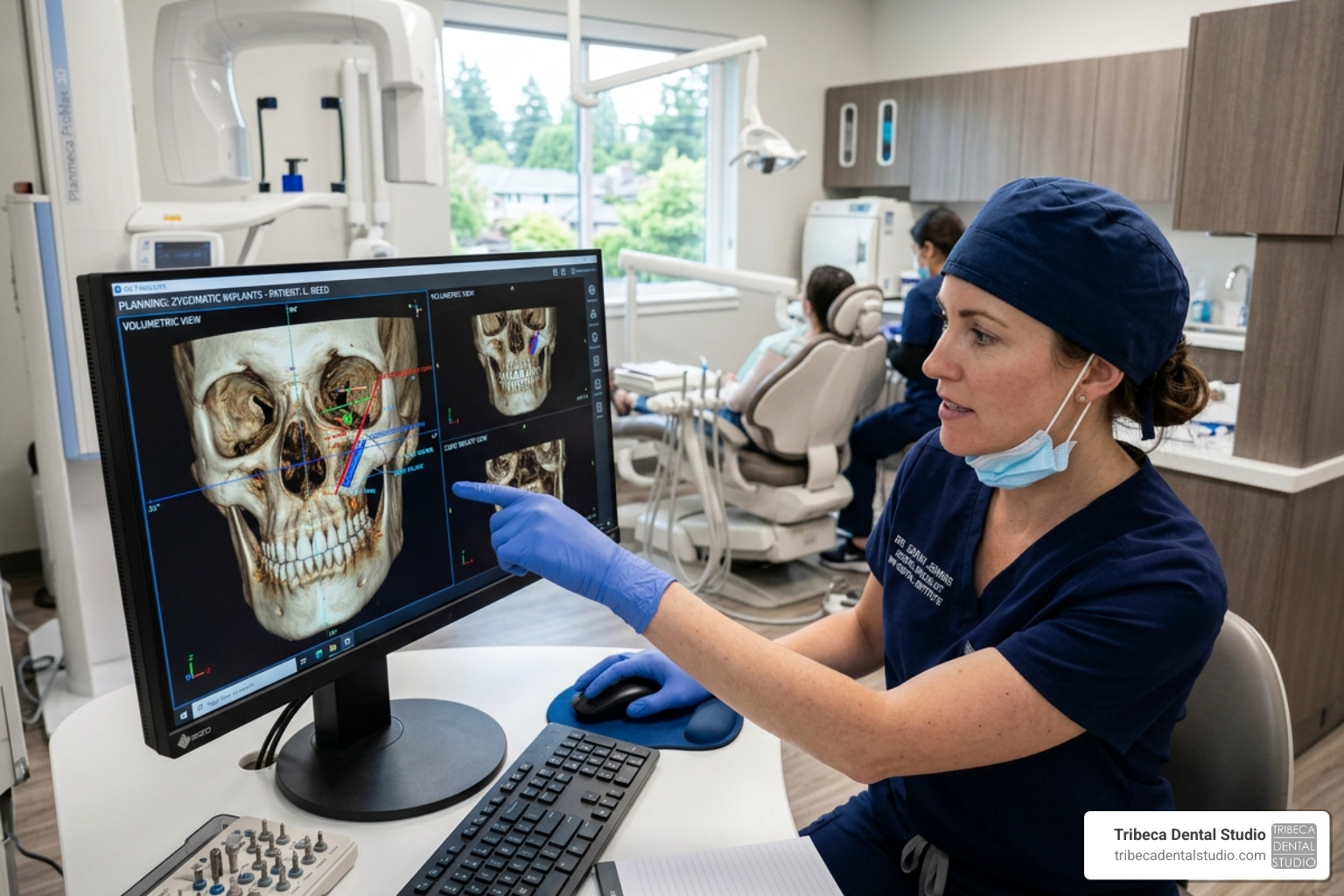 Dental specialist reviewing a 3D CT scan for zygomatic implant planning - zygomatic dental implants cost Dental specialist reviewing a 3D CT scan for zygomatic implant planning - zygomatic dental implants cost