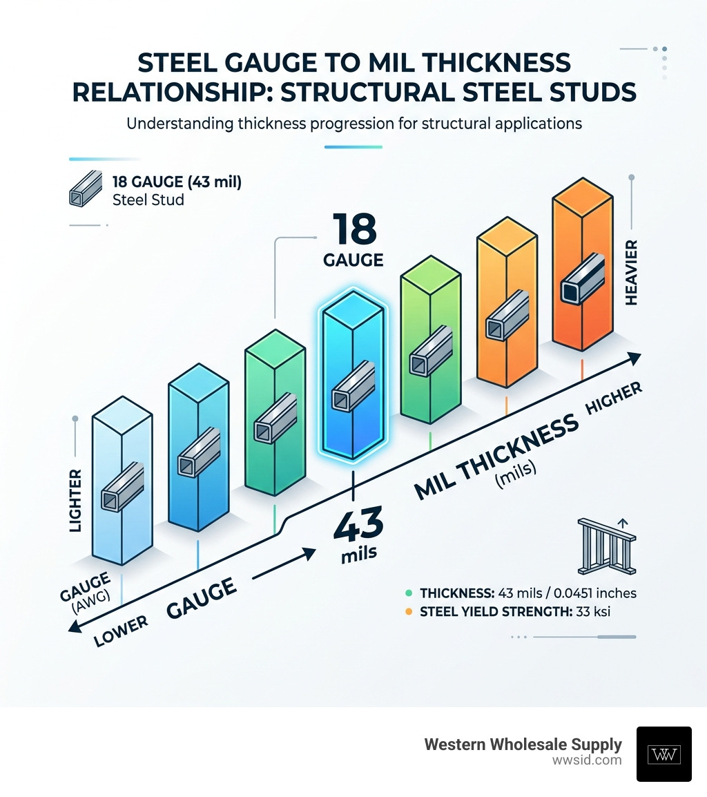 Infographic showing steel gauge to mil thickness relationship for structural steel studs - 18 gauge steel studs infographic Infographic showing steel gauge to mil thickness relationship for structural steel studs - 18 gauge steel studs infographic