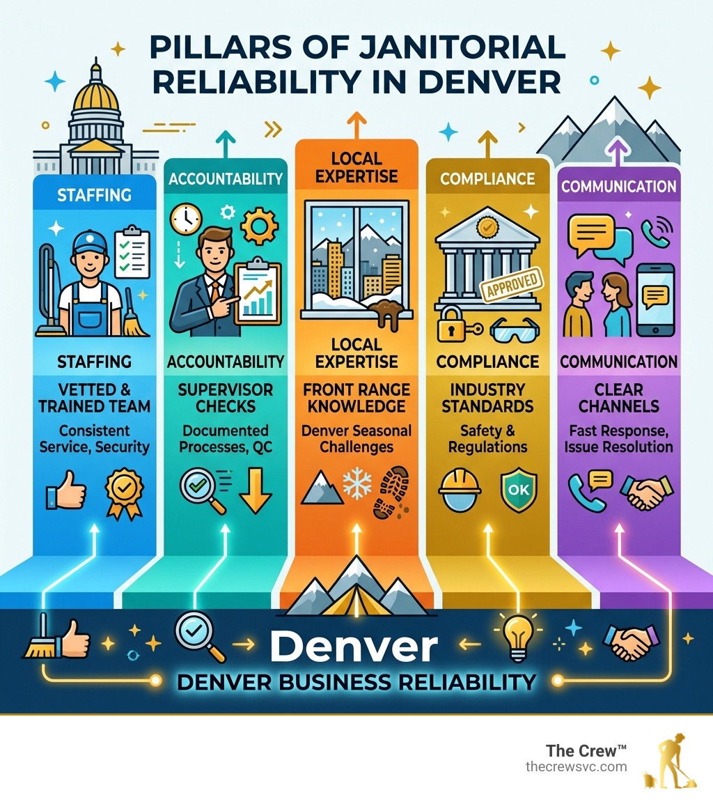 Pillars of janitorial reliability in Denver: staffing, accountability, local expertise, compliance, communication - reliable Pillars of janitorial reliability in Denver: staffing, accountability, local expertise, compliance, communication - reliable