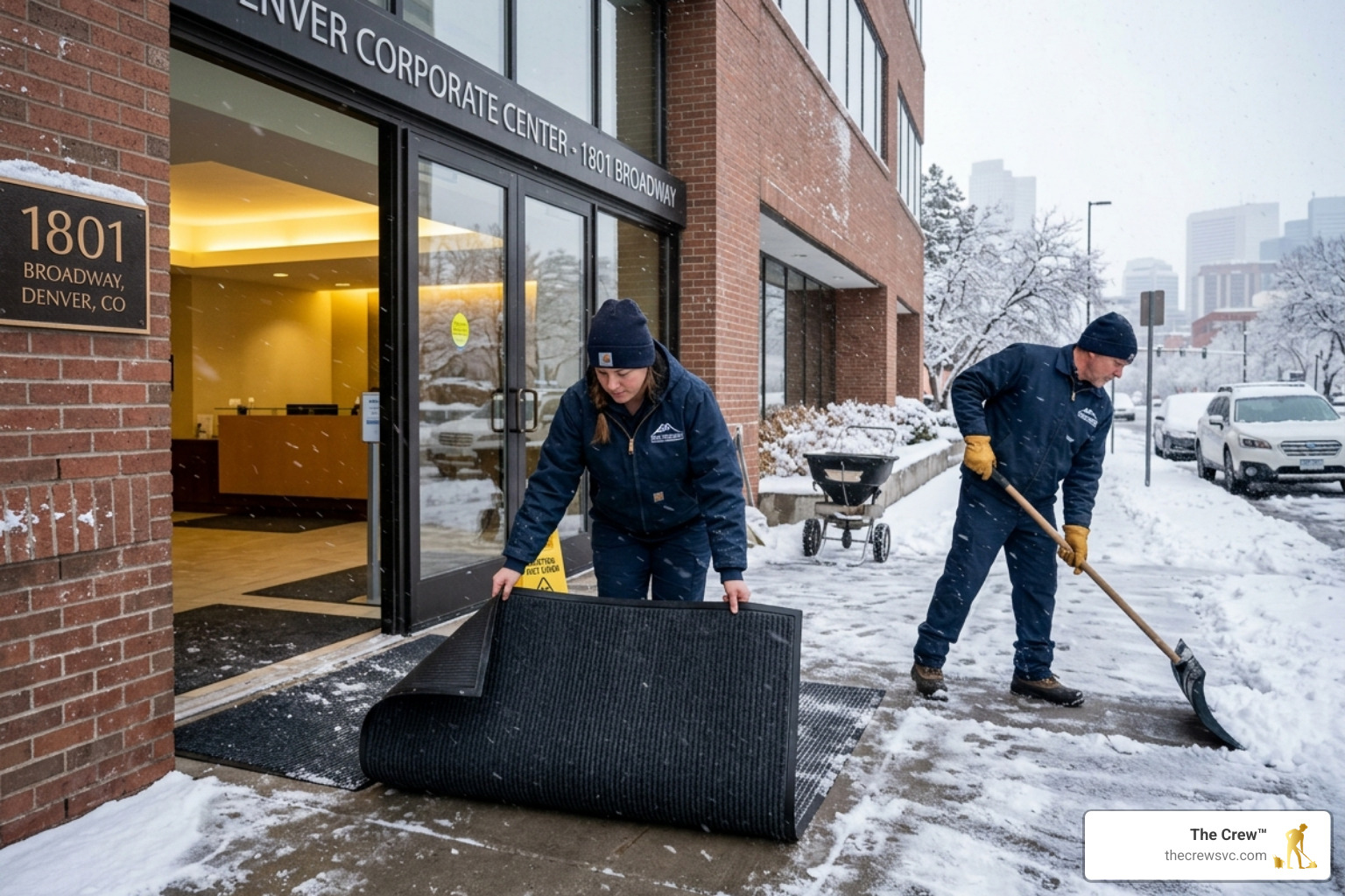 Janitorial staff managing snow removal and floor protection during a Colorado winter storm - reliable janitorial denver Janitorial staff managing snow removal and floor protection during a Colorado winter storm - reliable janitorial denver