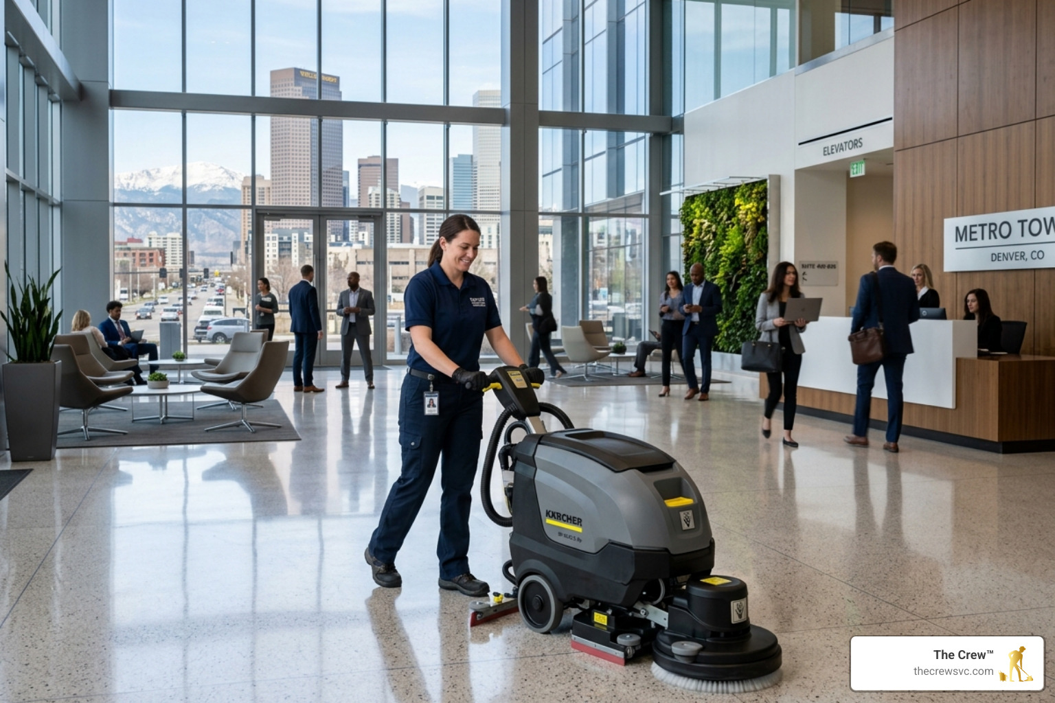 A professional cleaner using advanced equipment to maintain a high-traffic Denver lobby - reliable janitorial denver business A professional cleaner using advanced equipment to maintain a high-traffic Denver lobby - reliable janitorial denver business