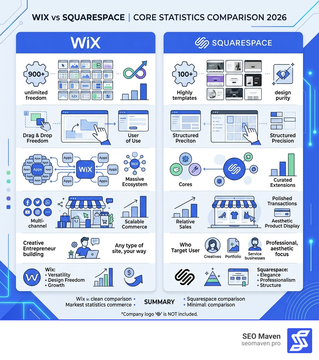 Wix vs Squarespace core statistics comparison infographic 2026 - wix or squarespace infographic 