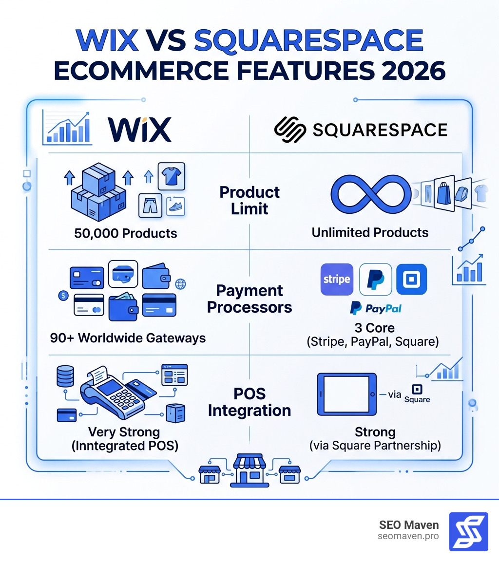 Table comparing Wix and Squarespace ecommerce features 2026 - wix or squarespace infographic 