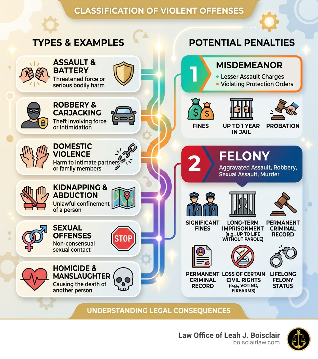 Classification of violent offenses: types, examples, and potential penalties ranging from misdemeanor to felony - violent
