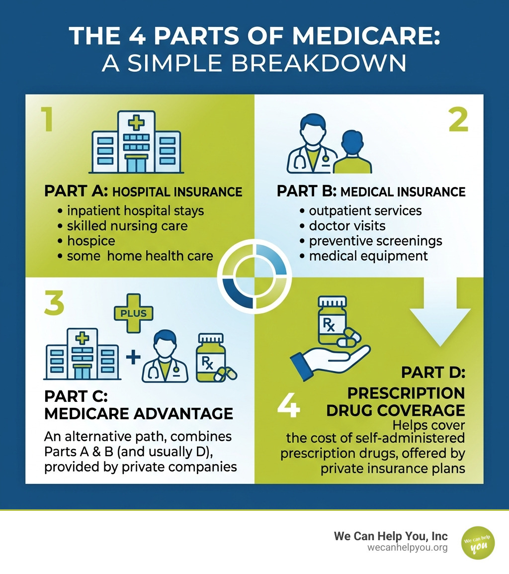 Infographic showing the 4 parts of Medicare: Part A hospital, Part B medical, Part C Advantage, Part D prescription drugs
