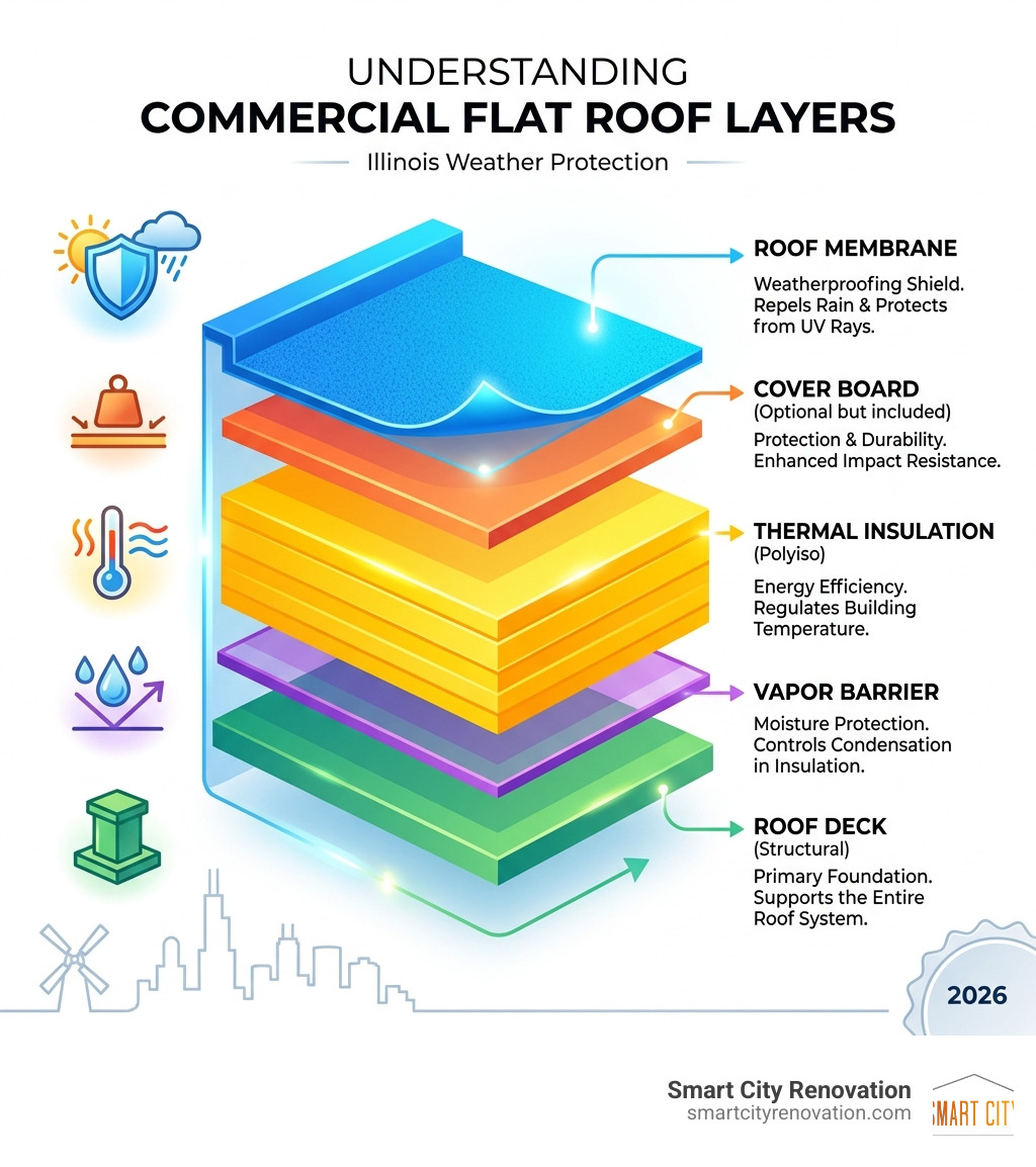 Layers of a commercial flat roof system including membrane, insulation, and deck - commercial roofing services illinois