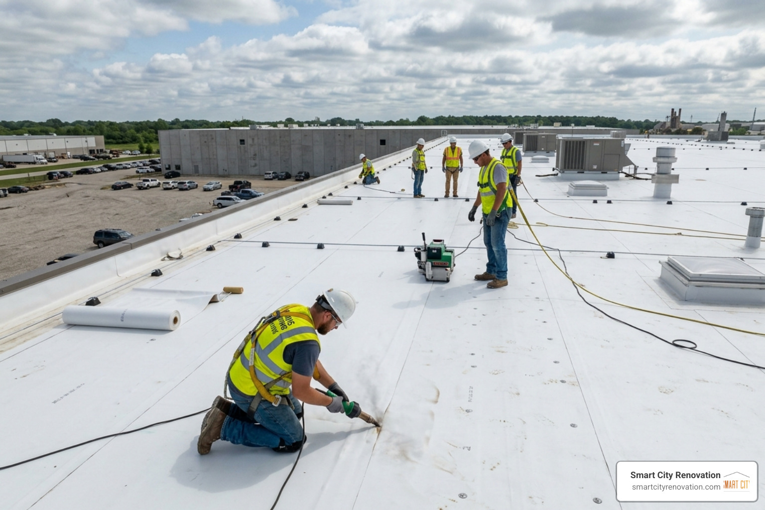 TPO membrane installation on a large commercial warehouse - commercial roofing services illinois