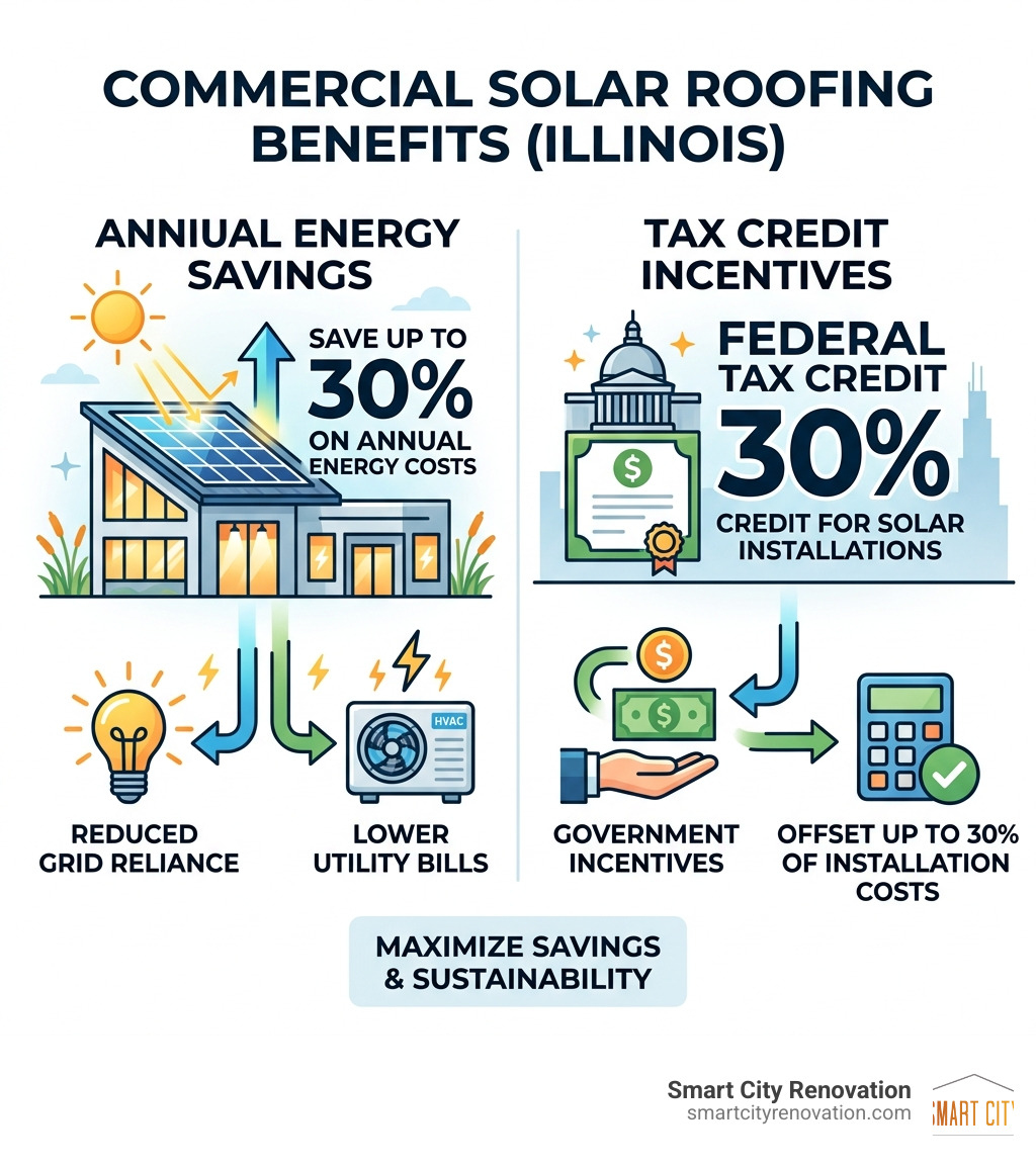Infographic showing 30% energy savings and tax credit benefits for solar roofing - commercial roofing services illinois