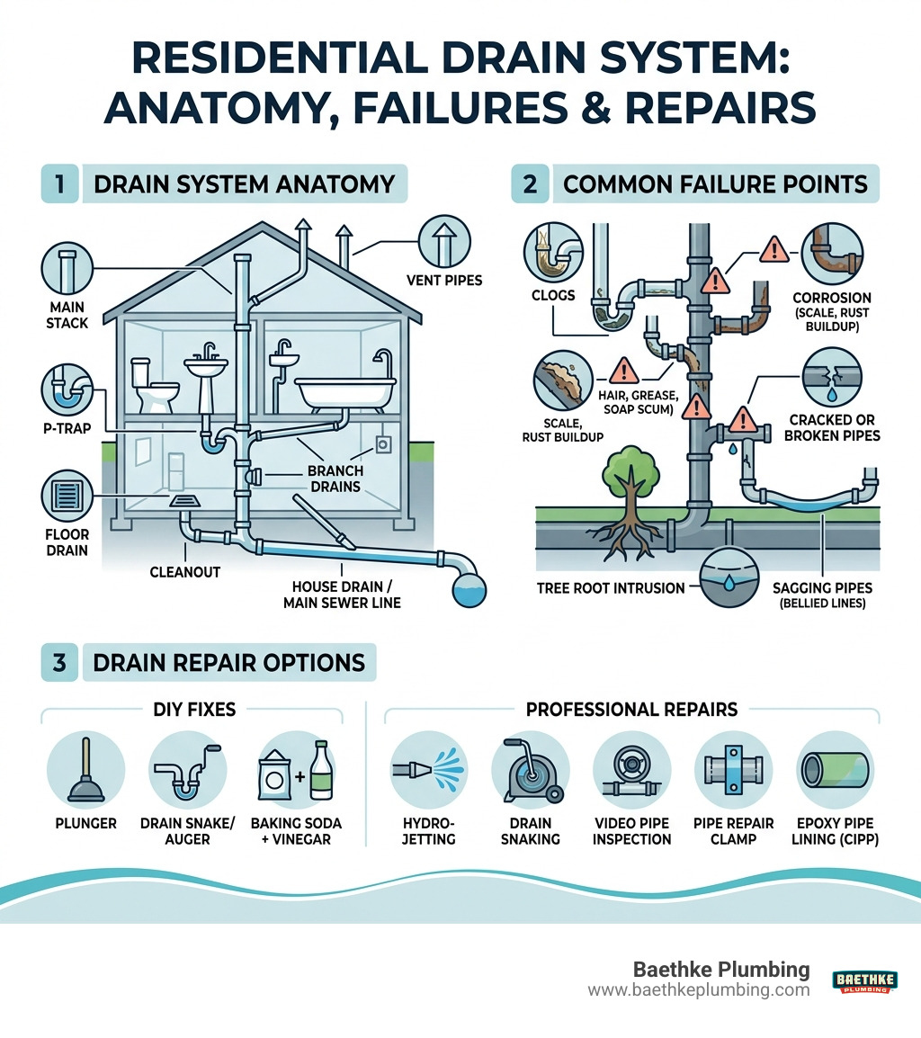 Residential drain system anatomy infographic showing drain components, common failure points, and repair options - drain