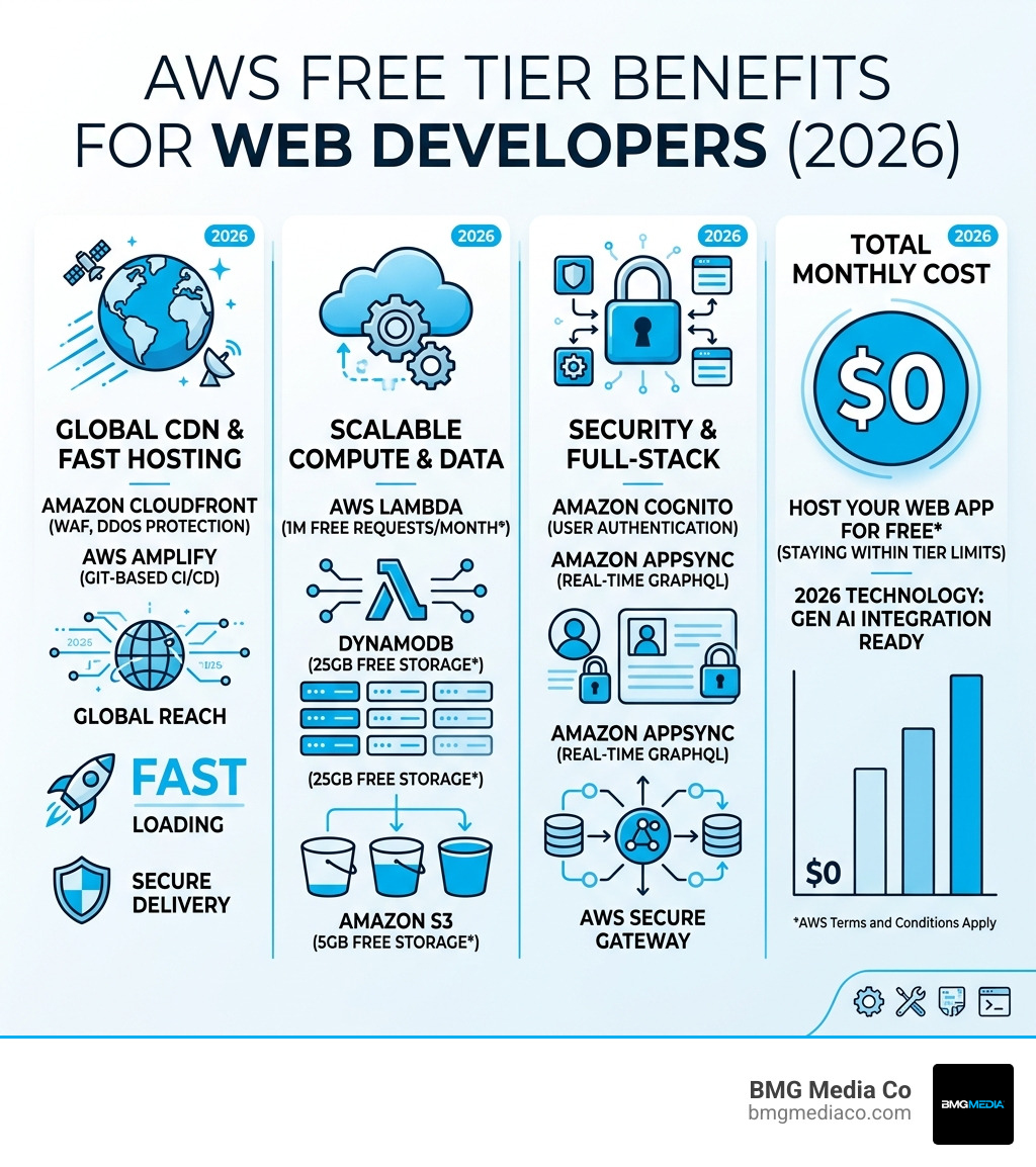 Infographic showing the AWS Free Tier benefits for web developers - build a web app on aws infographic 
