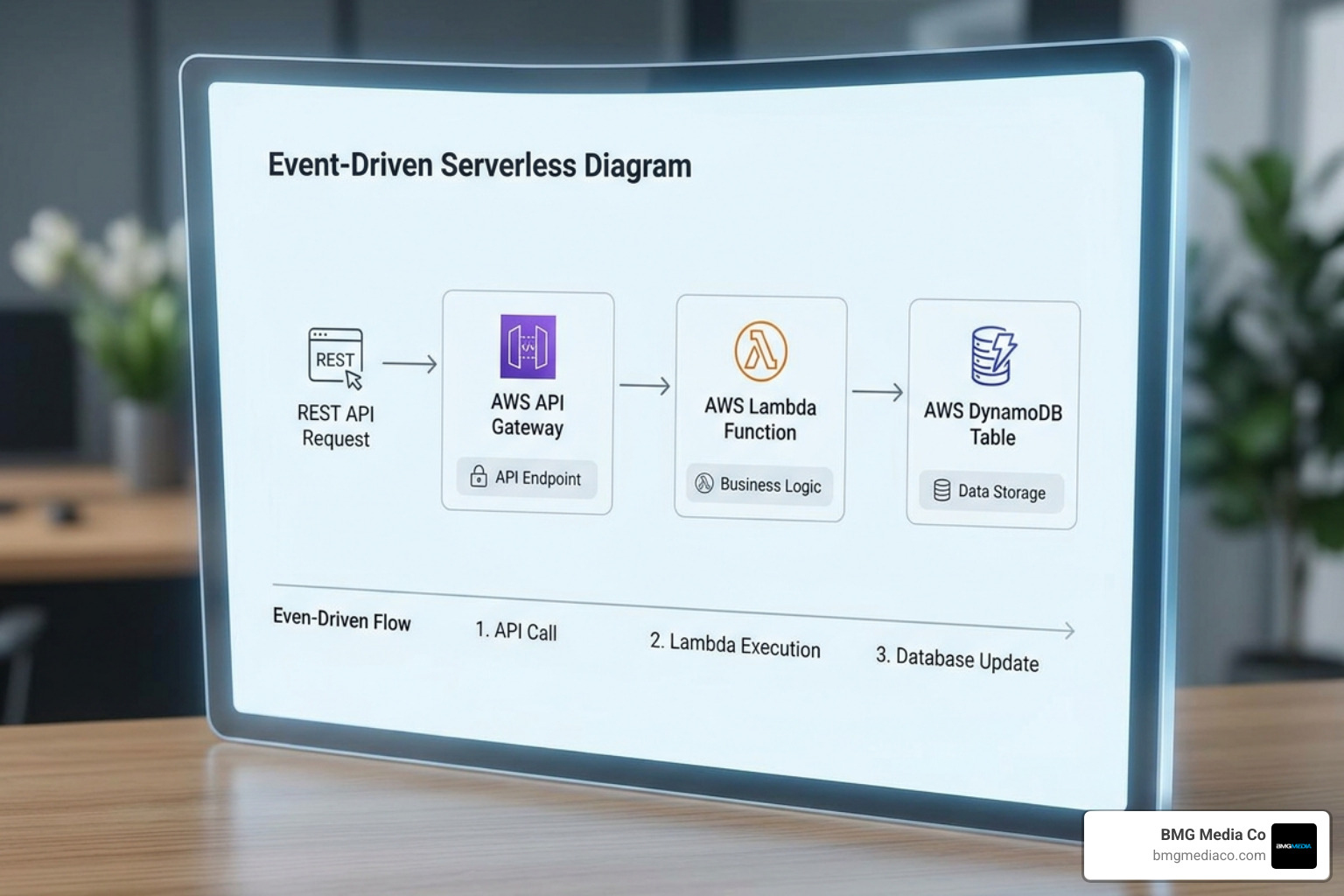 Event-driven serverless workflow showing API Gateway triggering Lambda and updating DynamoDB - build a web app on aws