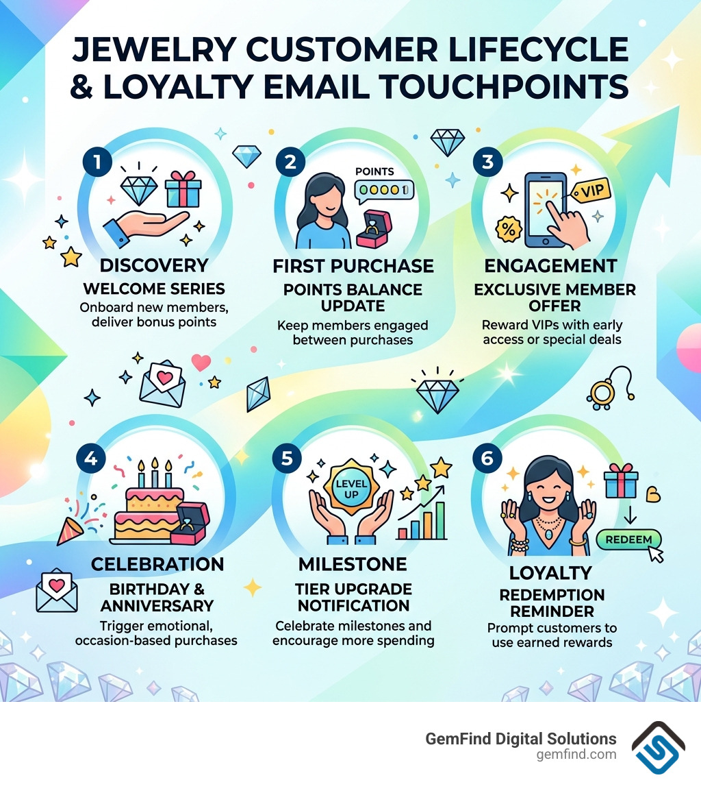 Jewelry customer lifecycle and loyalty email touchpoints infographic - loyalty program jewelry emails infographic 
