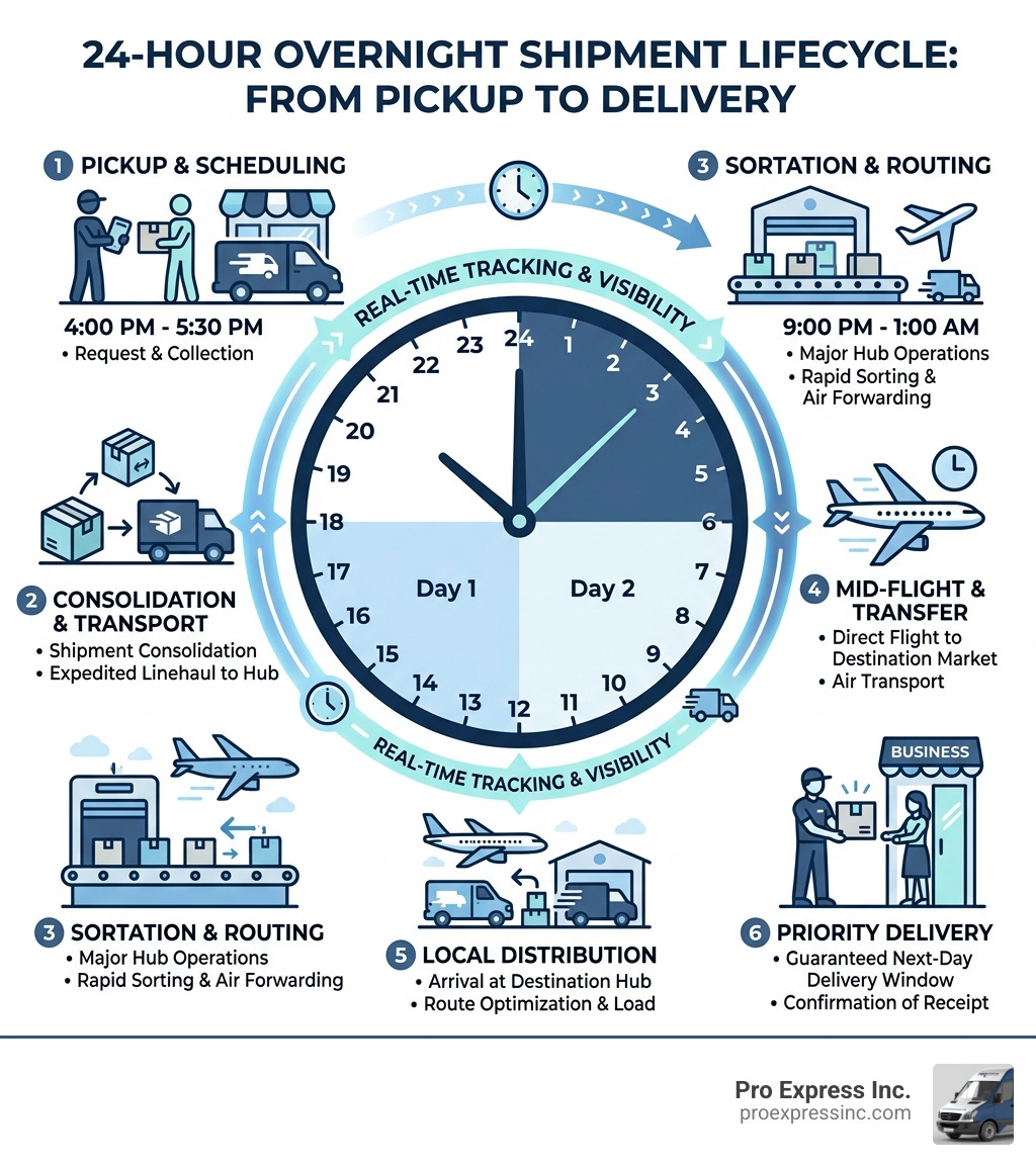 Infographic showing the 24-hour lifecycle of an overnight shipment from pickup to delivery - overnight courier service Infographic showing the 24-hour lifecycle of an overnight shipment from pickup to delivery - overnight courier service