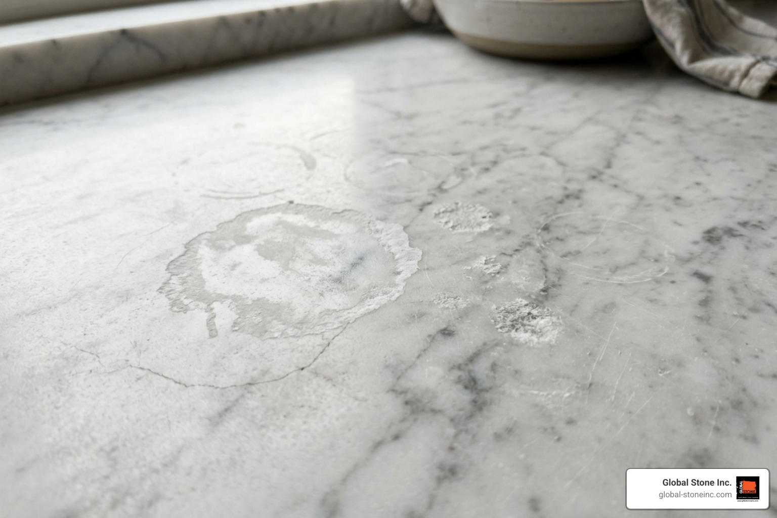 Marble etching caused by acidic liquid spills - professional marble polishing services