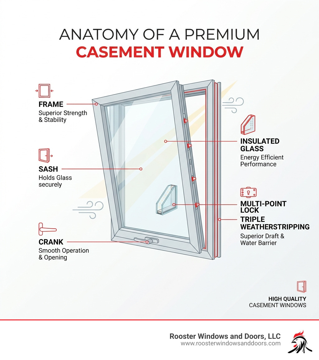 Anatomy of a premium casement window: frame, sash, crank, multi-point lock, triple weatherstripping, and insulated glass