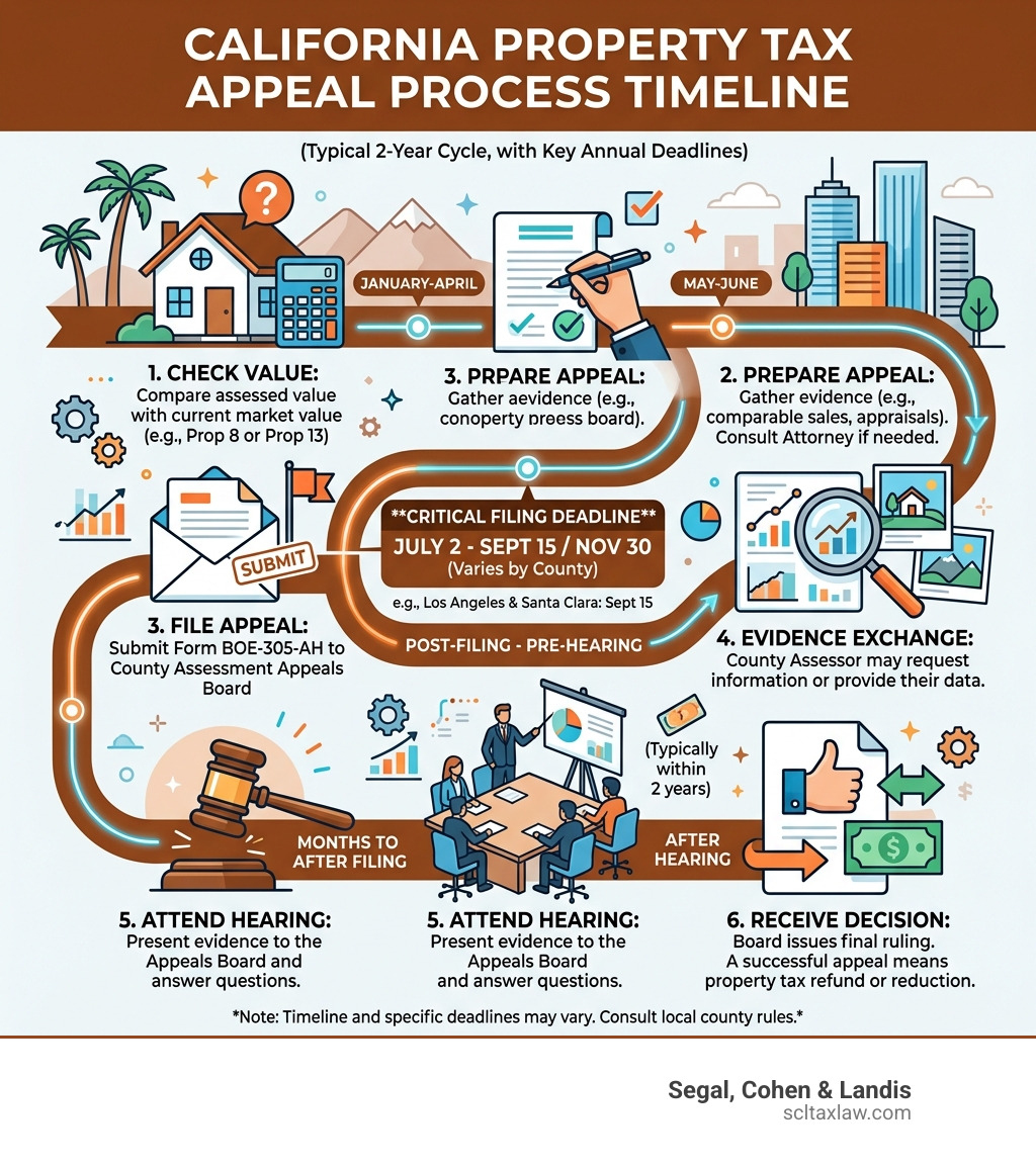 California property tax appeal process timeline infographic showing key steps and deadlines - California property tax