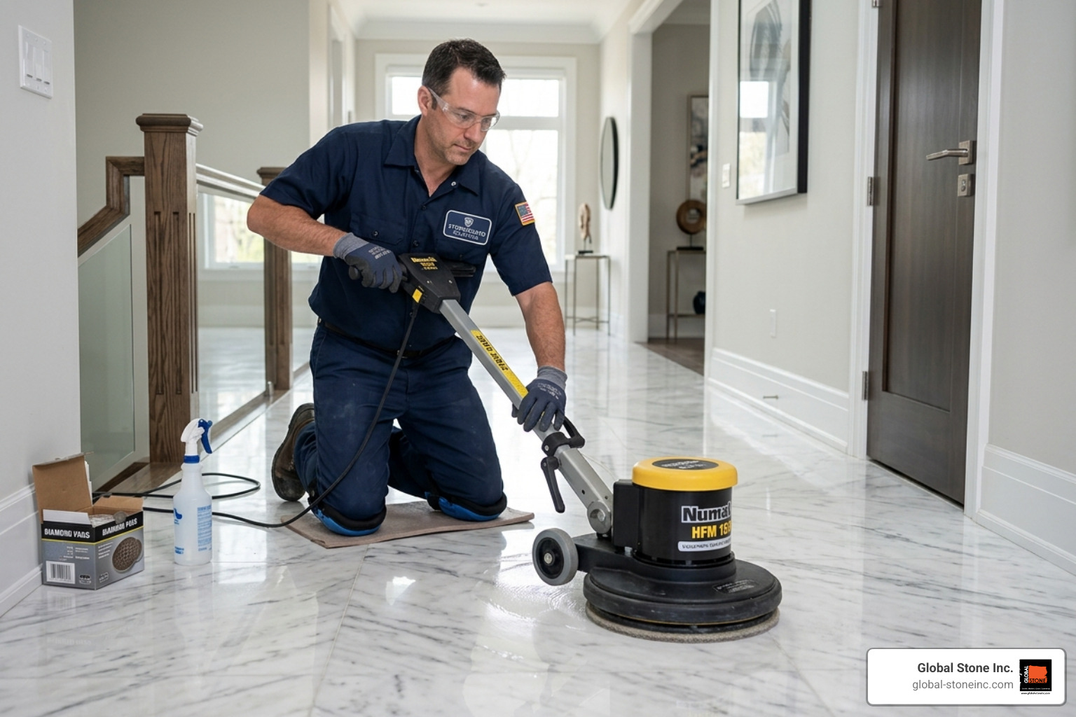 Professional technician using diamond abrasive pads on a marble floor - professional marble polishing services