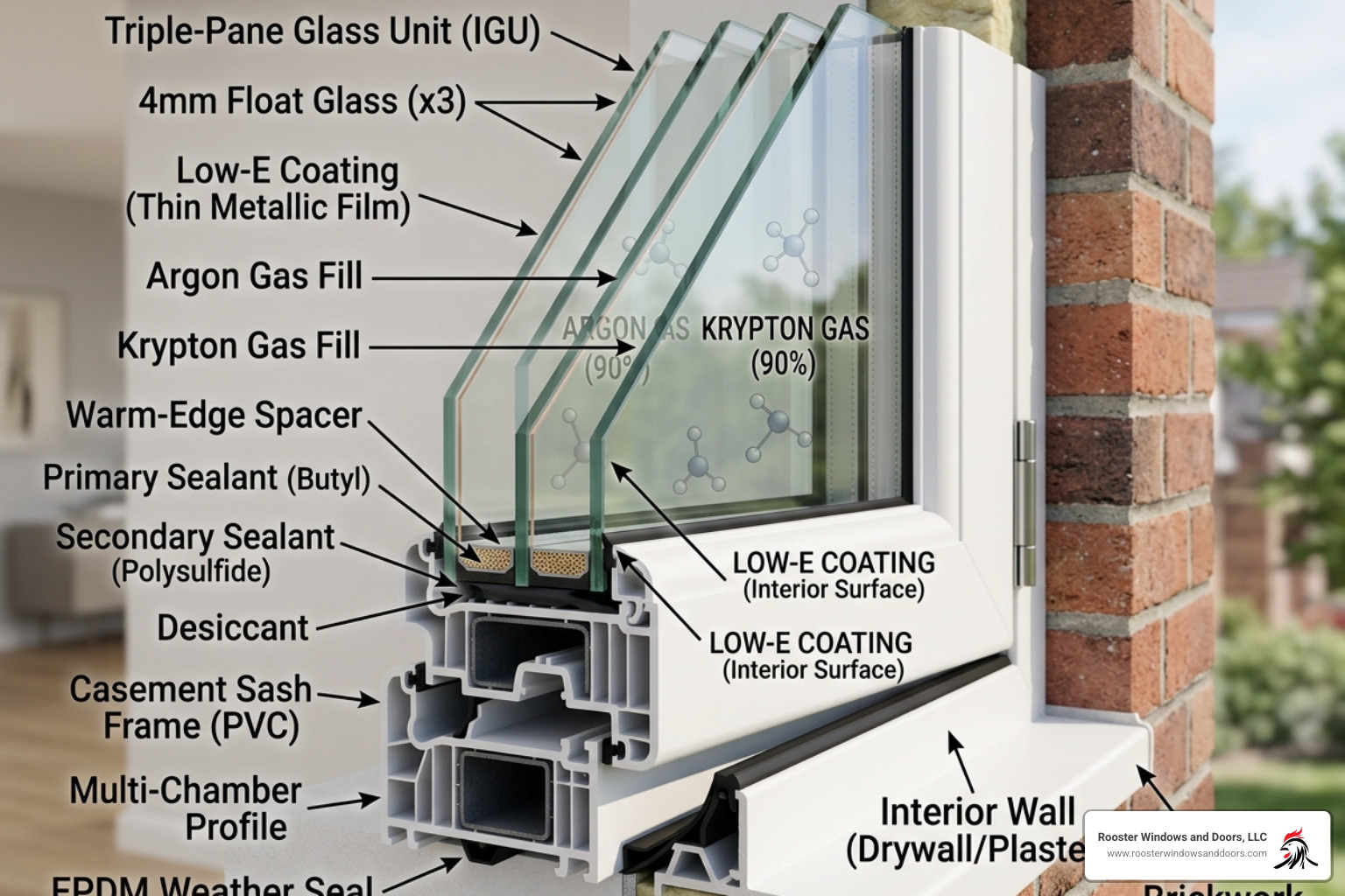 Triple-pane glass cross-section showing Low-E coatings and gas fills - high quality casement windows
