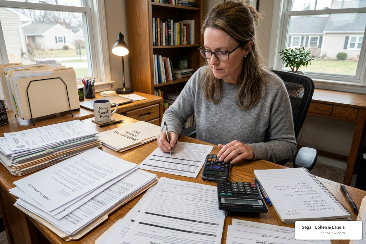 Homeowner organizing documents for a property tax appeal - California property tax protest