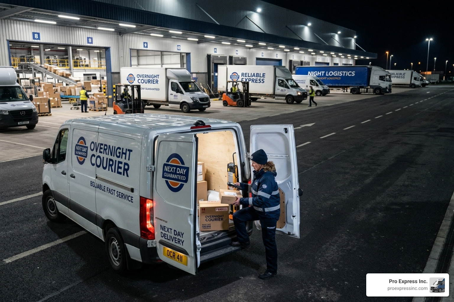 Modern logistics hub with electric delivery vehicles and solar panels - overnight courier service Modern logistics hub with electric delivery vehicles and solar panels - overnight courier service